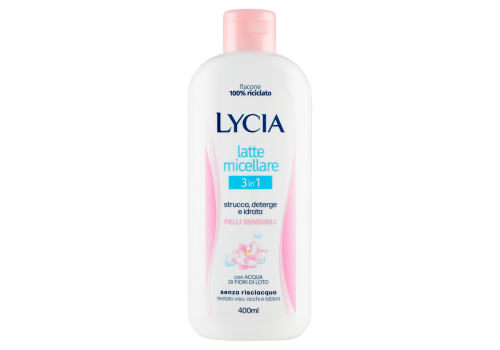 Lycia Latte Micellare 3in1 Viso Occhi e Labbra Per Pelli Sensibili con Acqua di Fiori di Loto 400ml