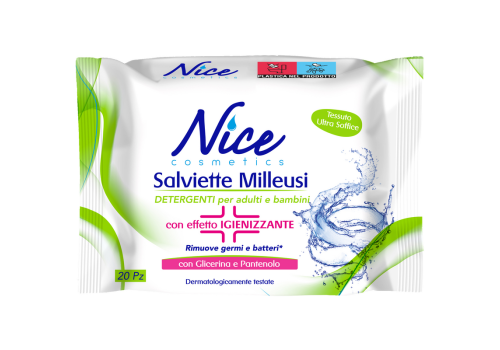 Nice Cosmetics Salviettine Milleusi Detergenti Per Adulti E Bambini Effetto Igienizzante con Glicerina e Pantenolo 20 salviette