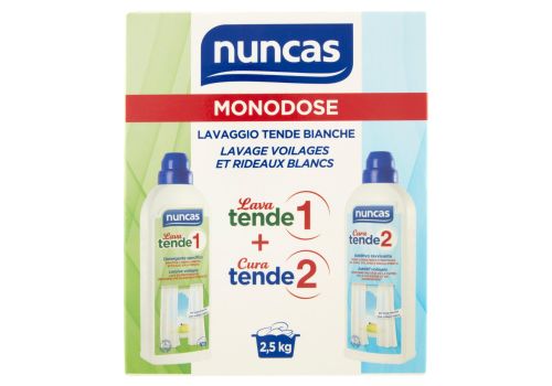 Nuncas Monodose lavaggio tende bianche lava tende 1 detergente specifico 75ml + cura tende 2 additivo ravvivante 150ml