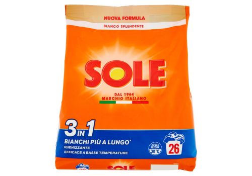 Sole detersivo lavatrice in polvere 3 in 1 bianco splendente 26 lavaggi 1,300kg