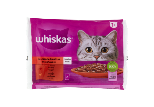 Whiskas Selezione Gustosa bocconcini con manzo e con pollo in salsa per gatto 4 x 85 grammi