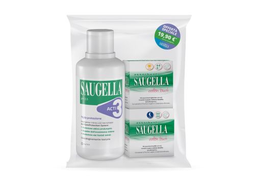 Saugella Acti3 detergente intimo 500ml + assorbenti giorno 14 pezzi + assorbenti notte 12 pezzi